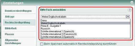 Einstellungen vornehmen, Fach auswählen