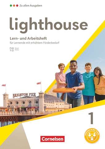 Das Cover zur Buchreihe Lighthouse Lern- und Arbeitsheft von Cornelsen zum Lernen der Vokabeln in der Sprache Englisch. Der Vokabeltrainer phase6 classic ist die beste App für bessere Noten.
