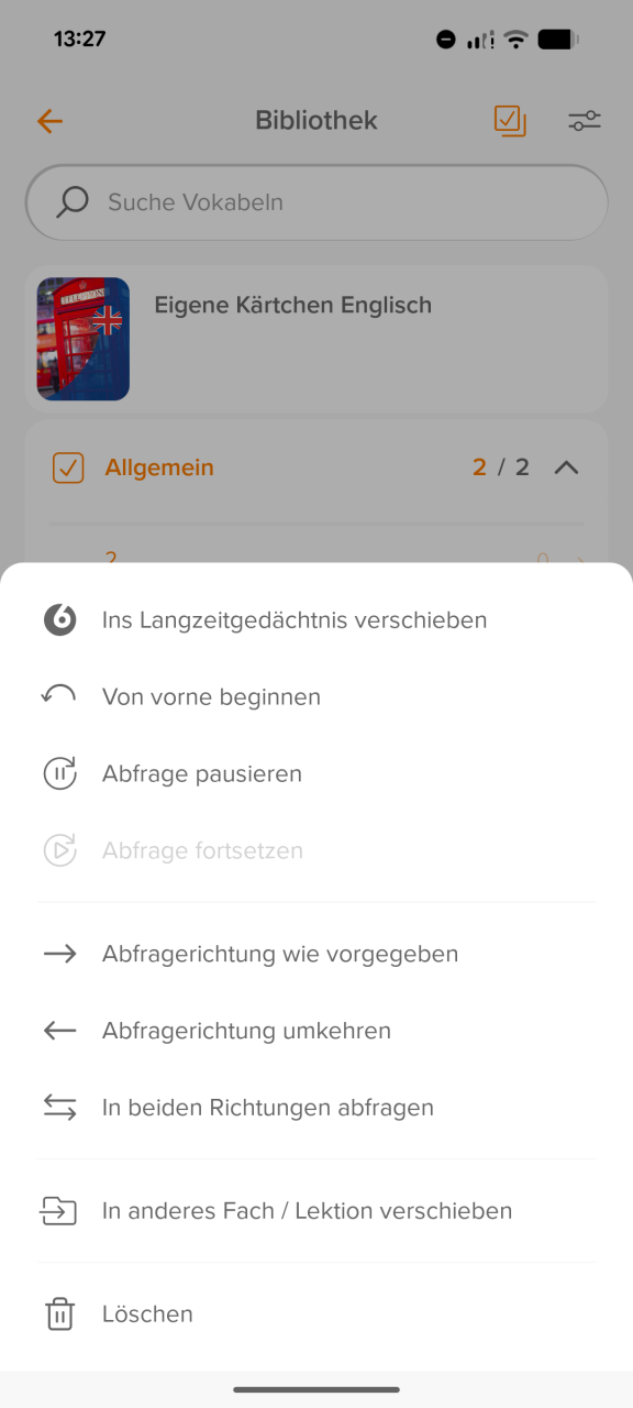 Kärtchen in der Mobile-App löschen