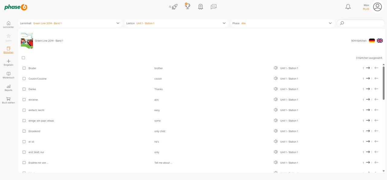 Alle Kärtchen einer Lektion sind bereits aktiviert