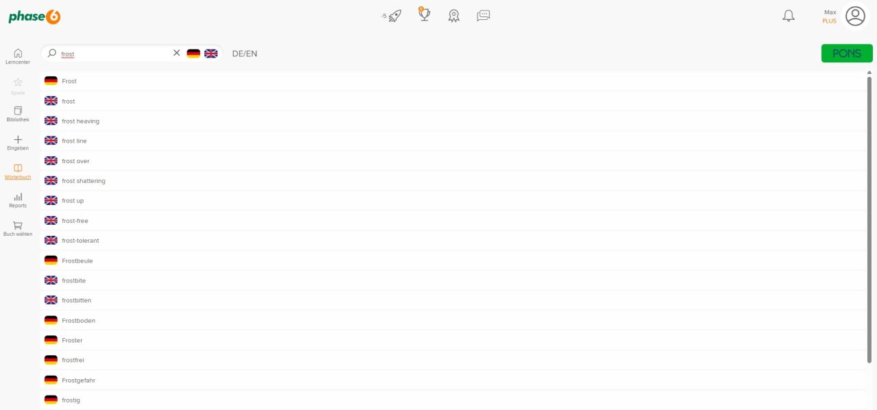 PONS-Wörterbuch in der Web-App