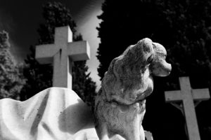 Kontrastreiches schwarz-weiß Foto. Aus der Froschperspektive ist ein weißes steinernes Kreuz auf einem Grab zu sehen und eine Statue von einem Hund aus selbigem Material.