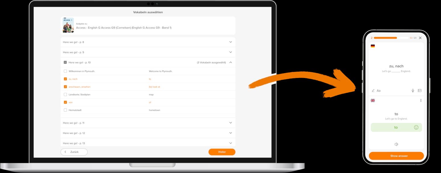 Phase6-Vokabelaufgabe-Schnittstelle auf dem Desktop mit einer Vorschau des Bildschirms auf einem Smartphone