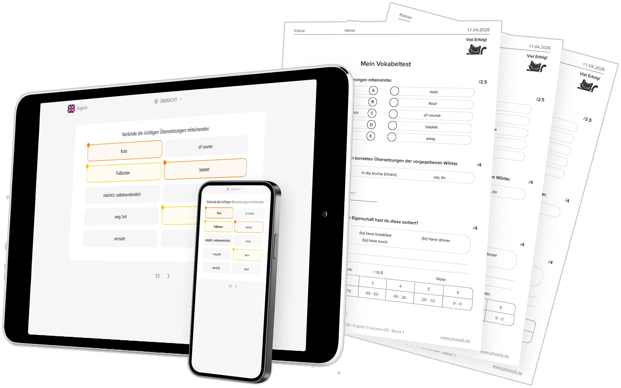 Phase 6 Vokabeltest, der sowohl als digitale Version auf Tablet und Smartphone als auch als gedrucktes Arbeitsblatt angezeigt wird.