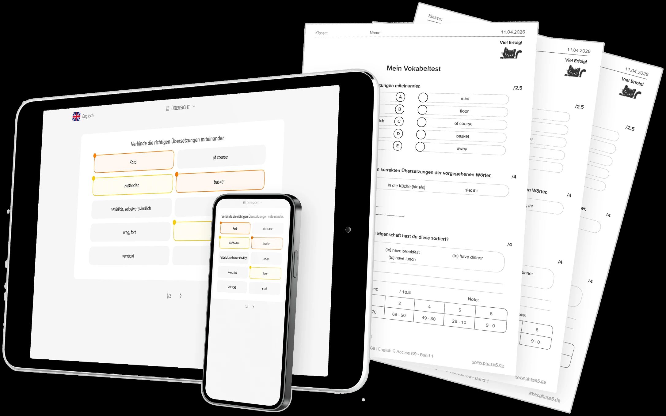 Phase 6 Vokabeltest, der sowohl als digitale Version auf Tablet und Smartphone als auch als gedrucktes Arbeitsblatt angezeigt wird.