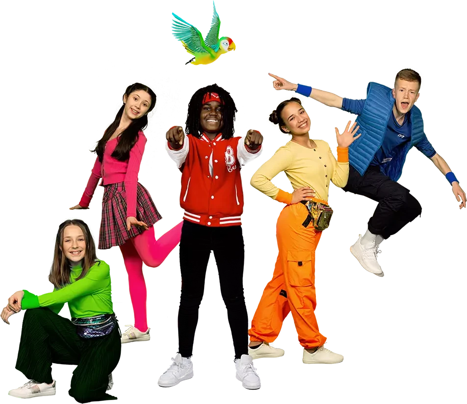 Planet Pop Charaktere - eine diverse Gruppe an Kindern in bunten Outfits.