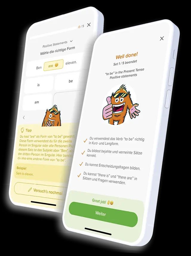 Phase6 Grammatik-Trainer-App auf zwei Smartphones mit interaktiven Grammatikübungen