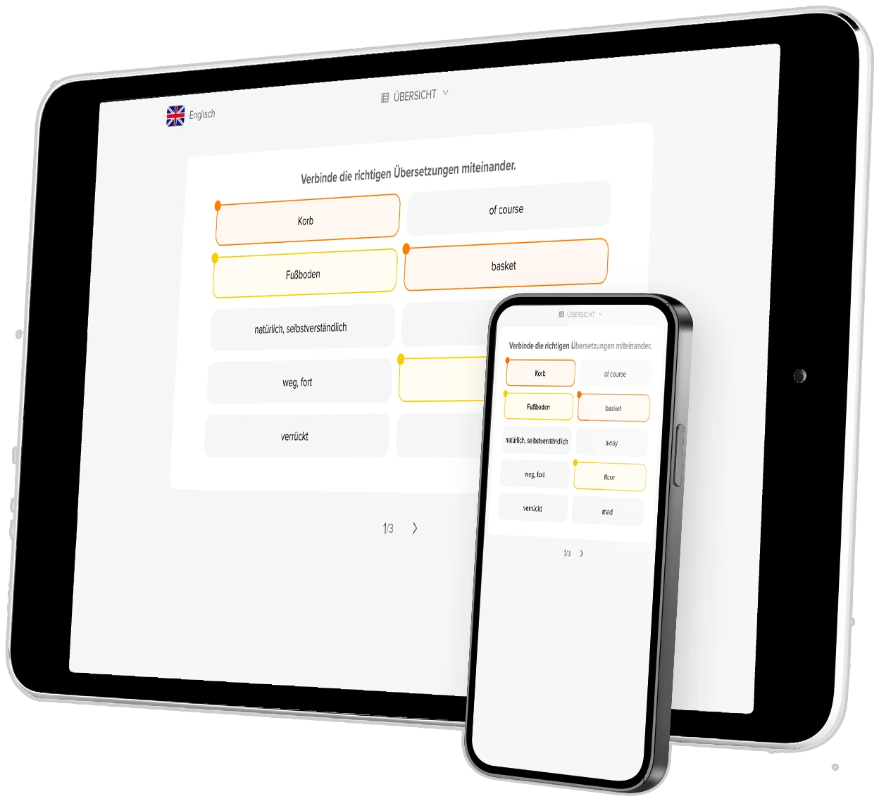 phase6 Vokabeltest wird auf einem Tablet- und Smartphone-Bildschirm gezeigt.