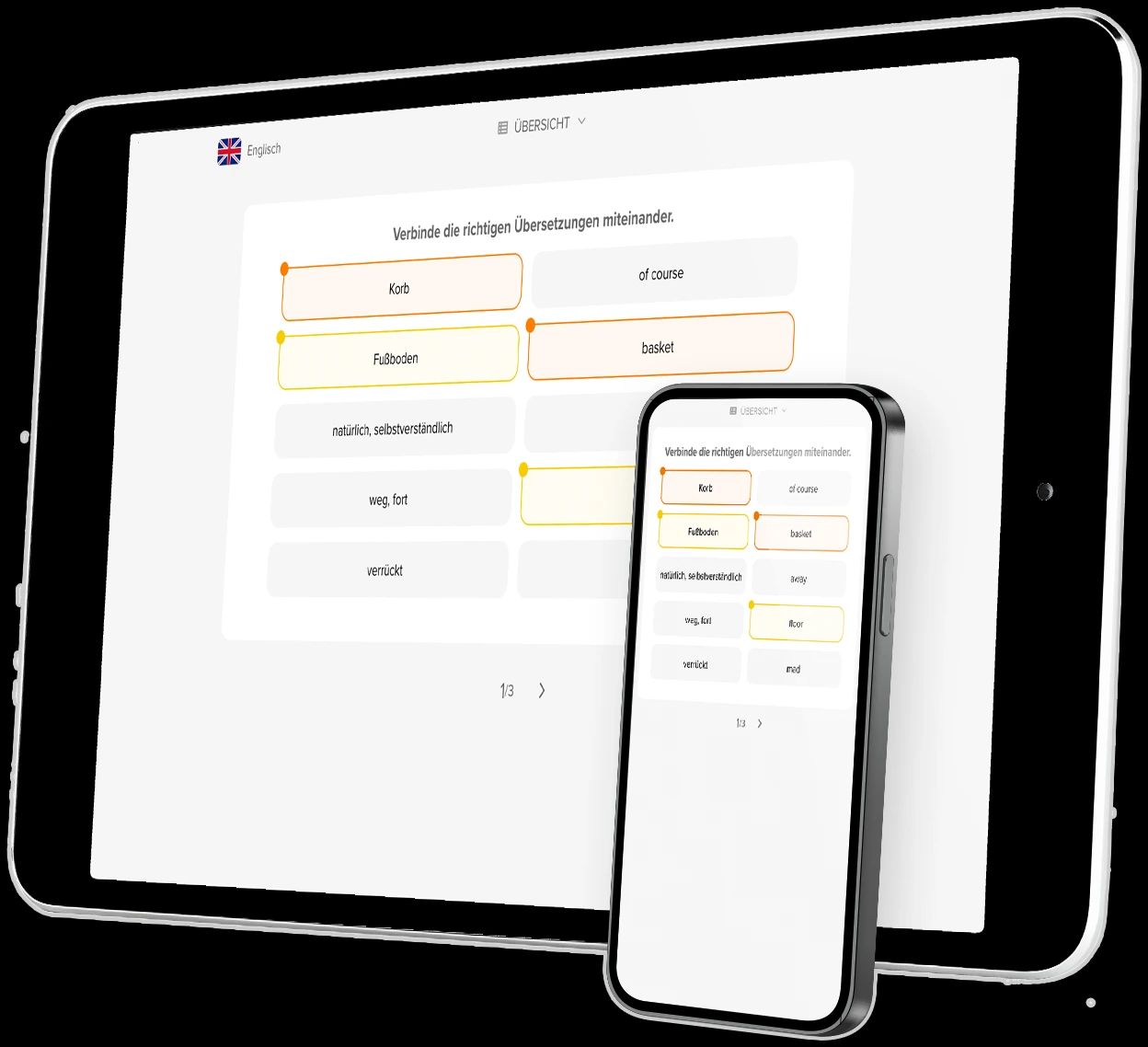 phase6 Vokabeltest wird auf einem Tablet- und Smartphone-Bildschirm gezeigt.