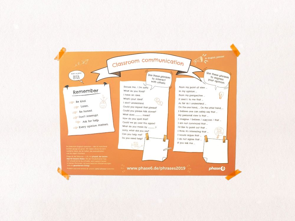 Buntes Poster für das Klassenzimmer mit Bausteinen für Englische Sätze und Phrasen.