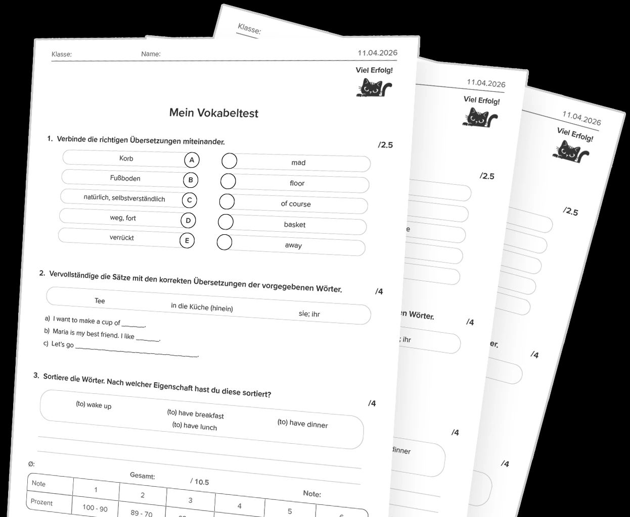 Ausgedruckte phase6-Vokabeltest-Blätter auf einem Stapel
