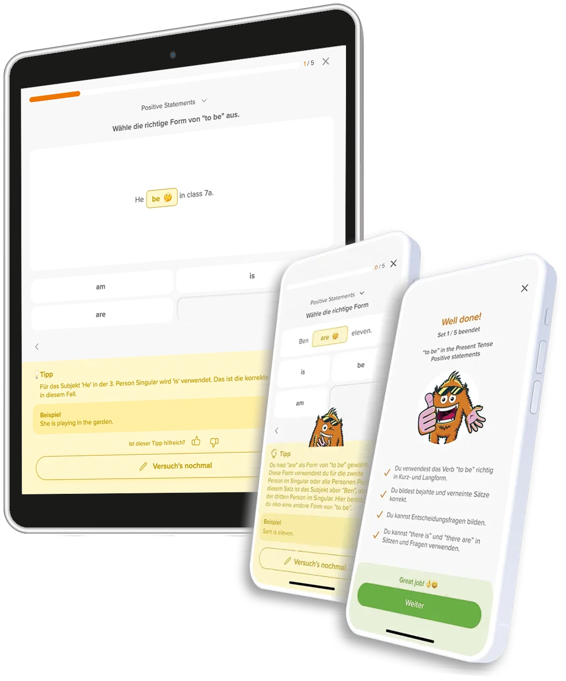 phase6 Grammatiktrainer Beispielbild mit zwei Smartphones und einem Tablet