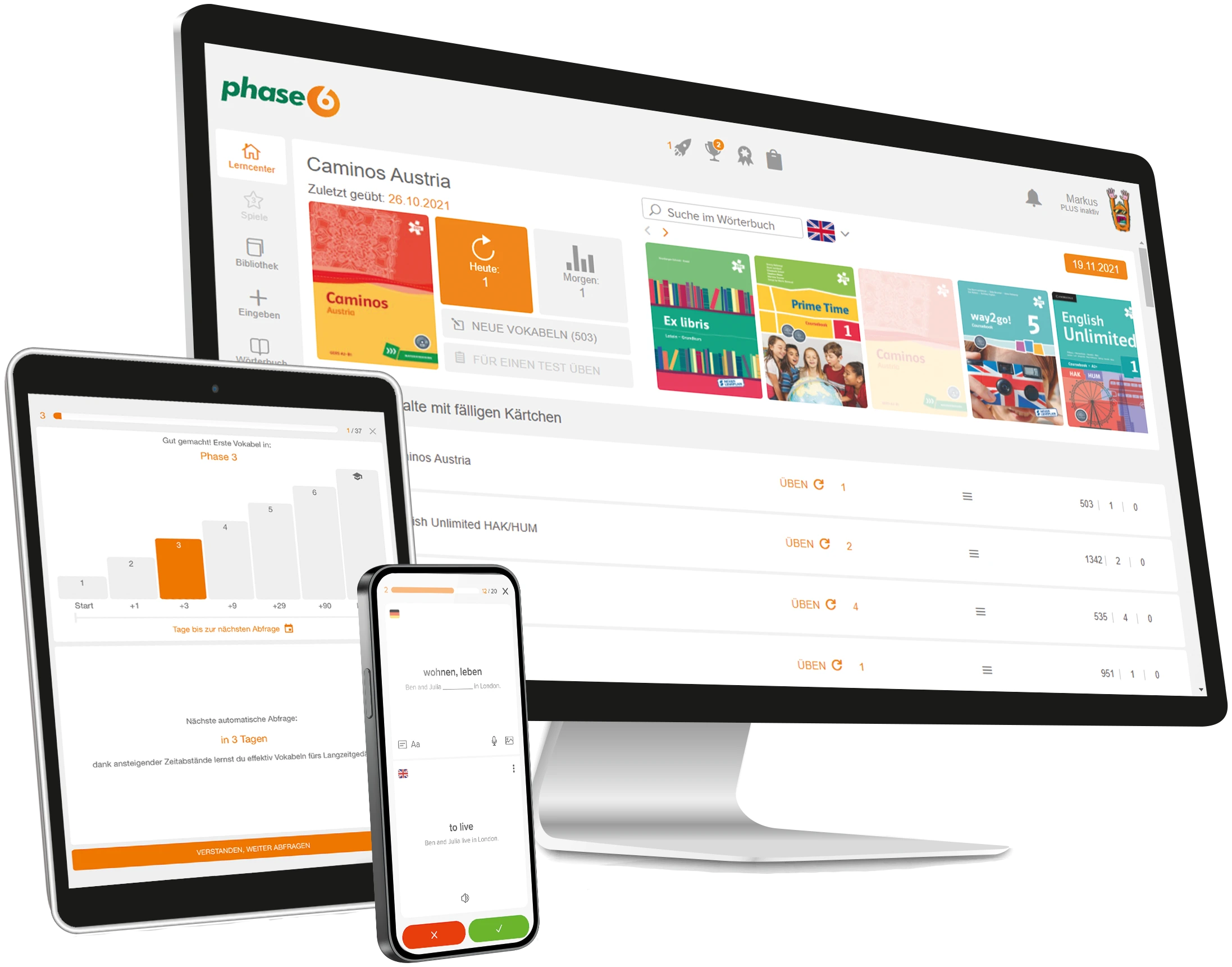 phase6 Vokabeltrainer Beispielbild mit Smartphones, Tablet und Desktopcomputer