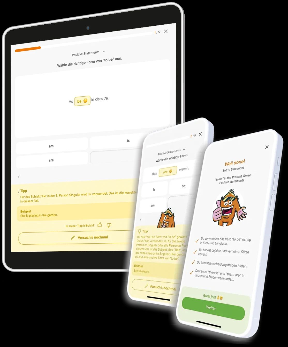 phase6 Grammatiktrainer Beispielbild mit zwei Smartphones und einem Tablet