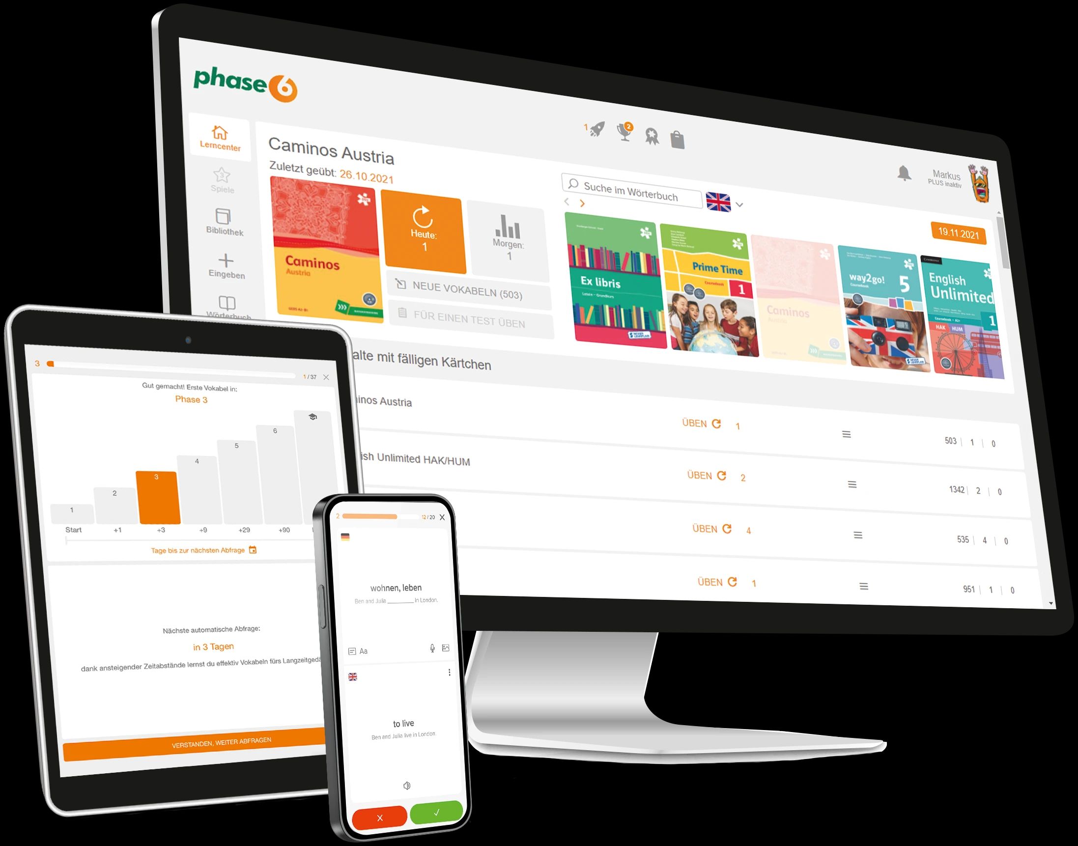 phase6 Vokabeltrainer Beispielbild mit Smartphones, Tablet und Desktopcomputer