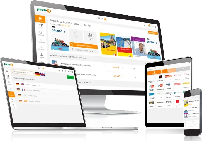 Phase6 Vokabeltrainer-Oberfläche, angezeigt auf Desktop-, Laptop-, Tablet- und Smartphone-Bildschirmen