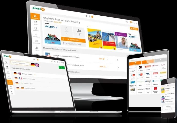 Phase6 Vokabeltrainer-Oberfläche, angezeigt auf Desktop-, Laptop-, Tablet- und Smartphone-Bildschirmen