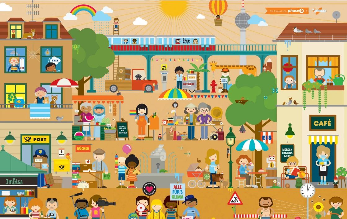 Fußgängerzone zwischen 2 Häusern mit Marktständen und vielen Menschen