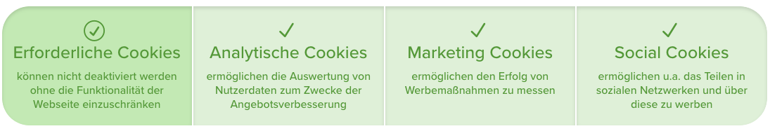 Die vier Cookie-Kategorien: Erforderliche Cookies (koennen nicht deaktiviert werden, ohne die Funktionalitaet der Webseite einzuschraenken), Analytische Cookies (ermoeglichen die Auswertung von Nutzerdaten zum Zwecke der Angebotsverbesserung), Marketing Cookies (ermoeglichen den Erfolg von Werbemassnahmen zu messen), Social Cookies (ermoeglichen u.a. das Teilen in sozialen Netzwerken)